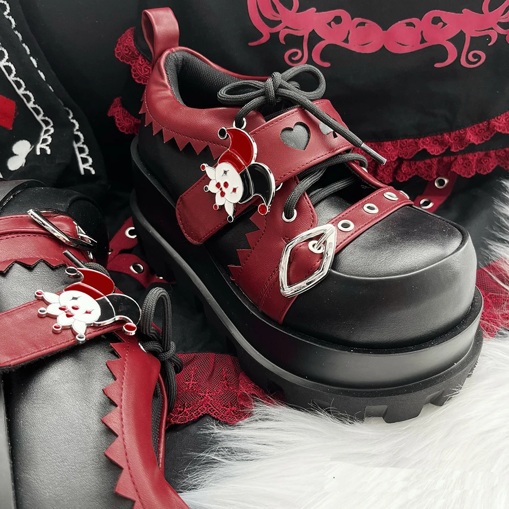 Street Style Girls Lolita Gothic Platform Shoes,Female Poker Joker Clown Decoration Elevator Shoes Halloween Gift