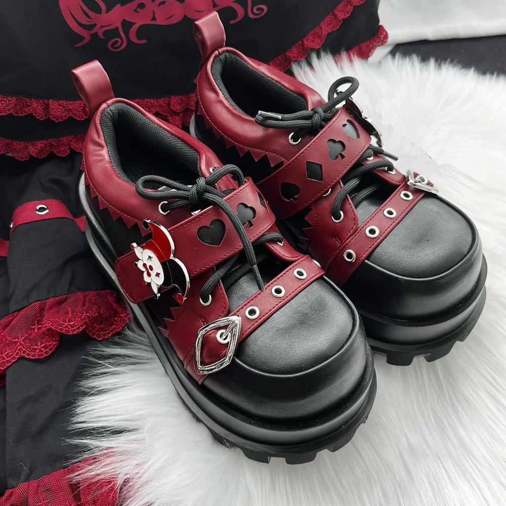 Street Style Girls Lolita Gothic Platform Shoes,Female Poker Joker Clown Decoration Elevator Shoes Halloween Gift