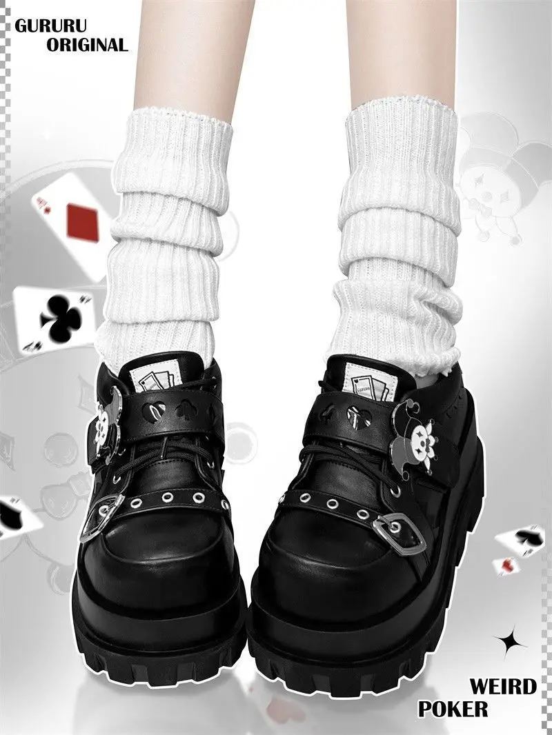 Street Style Girls Lolita Gothic Platform Shoes,Female Poker Joker Clown Decoration Elevator Shoes Halloween Gift