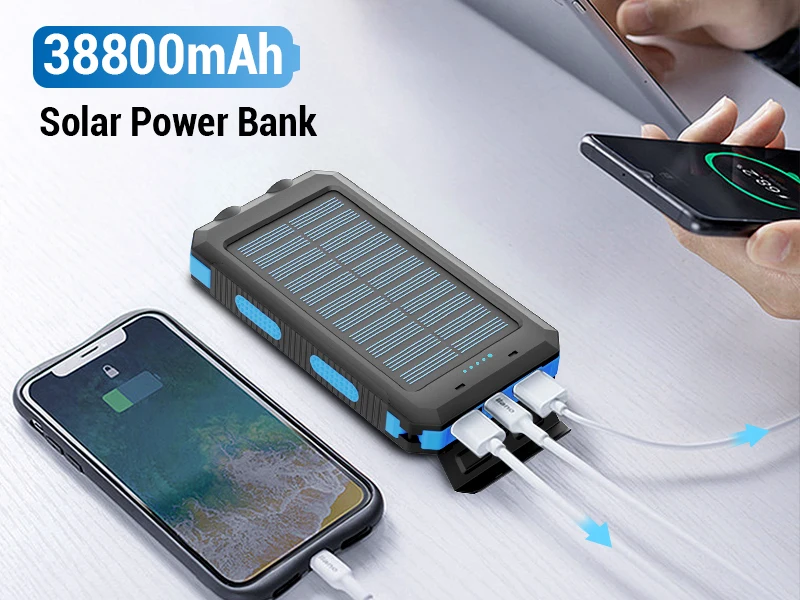 Solar power bank 38800mAh with built-in cable, lightweight and large capacity universal mobile power supply for mobile phones