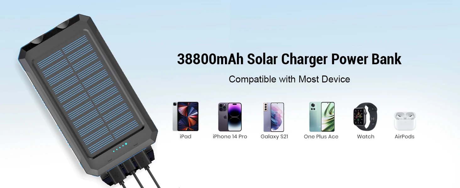 Solar power bank 38800mAh with built-in cable, lightweight and large capacity universal mobile power supply for mobile phones