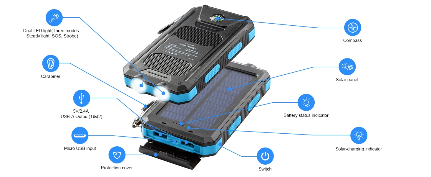 Solar power bank 38800mAh with built-in cable, lightweight and large capacity universal mobile power supply for mobile phones