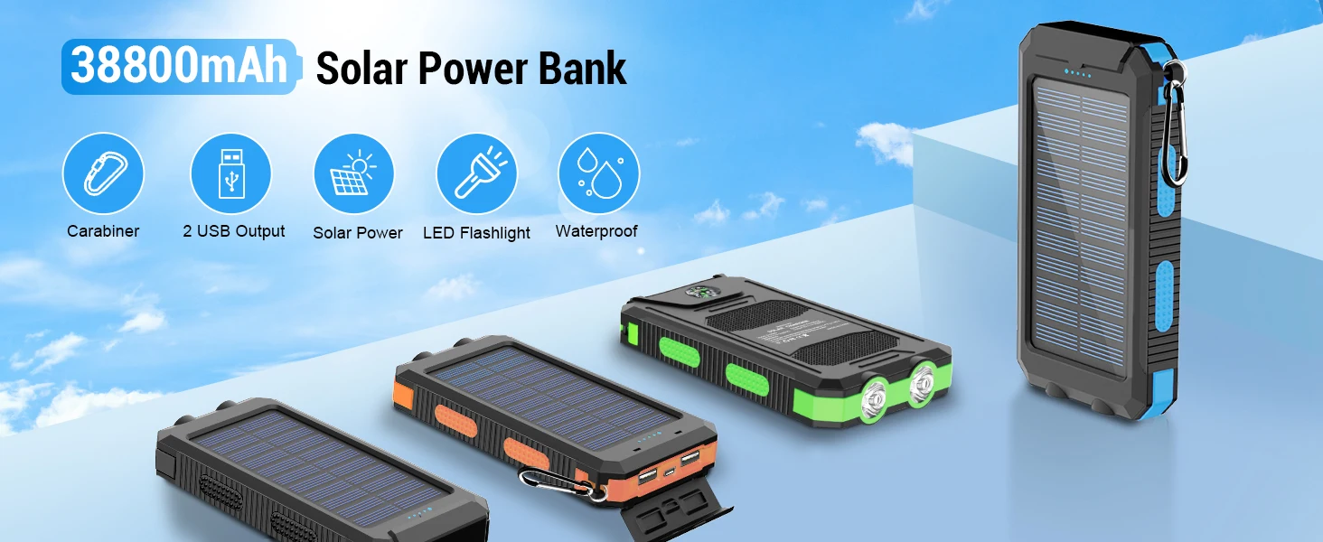 Solar power bank 38800mAh with built-in cable, lightweight and large capacity universal mobile power supply for mobile phones