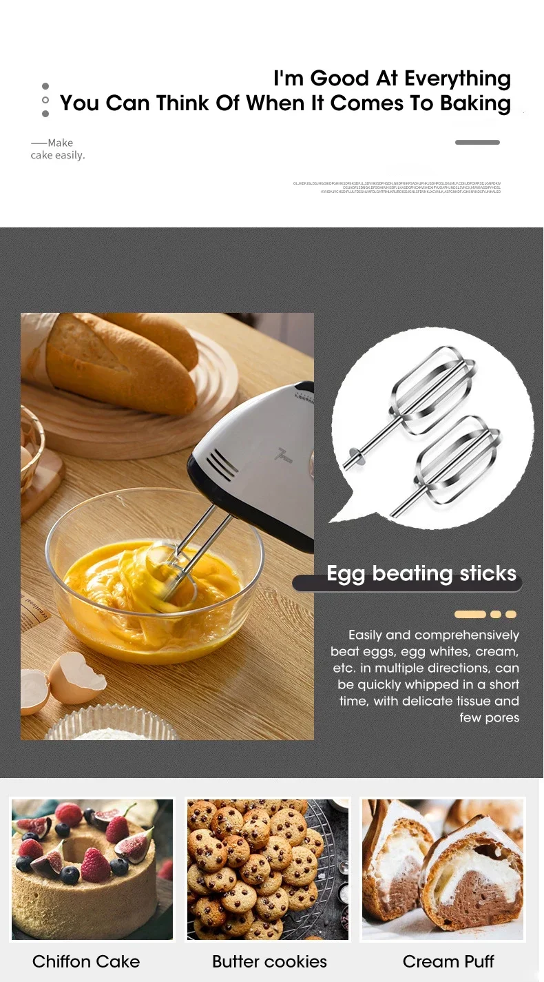 Handheld Electric Egg Beater, Household Automatic Mixer, Handheld Food Cake Bread Baking Dough Mixer, 7-speed Cream Blender Handheld Electric Egg Beater, Household Automatic Mixer, Handheld Food Cake Bread Baking Dough Mixer, 7-speed Cream Blender