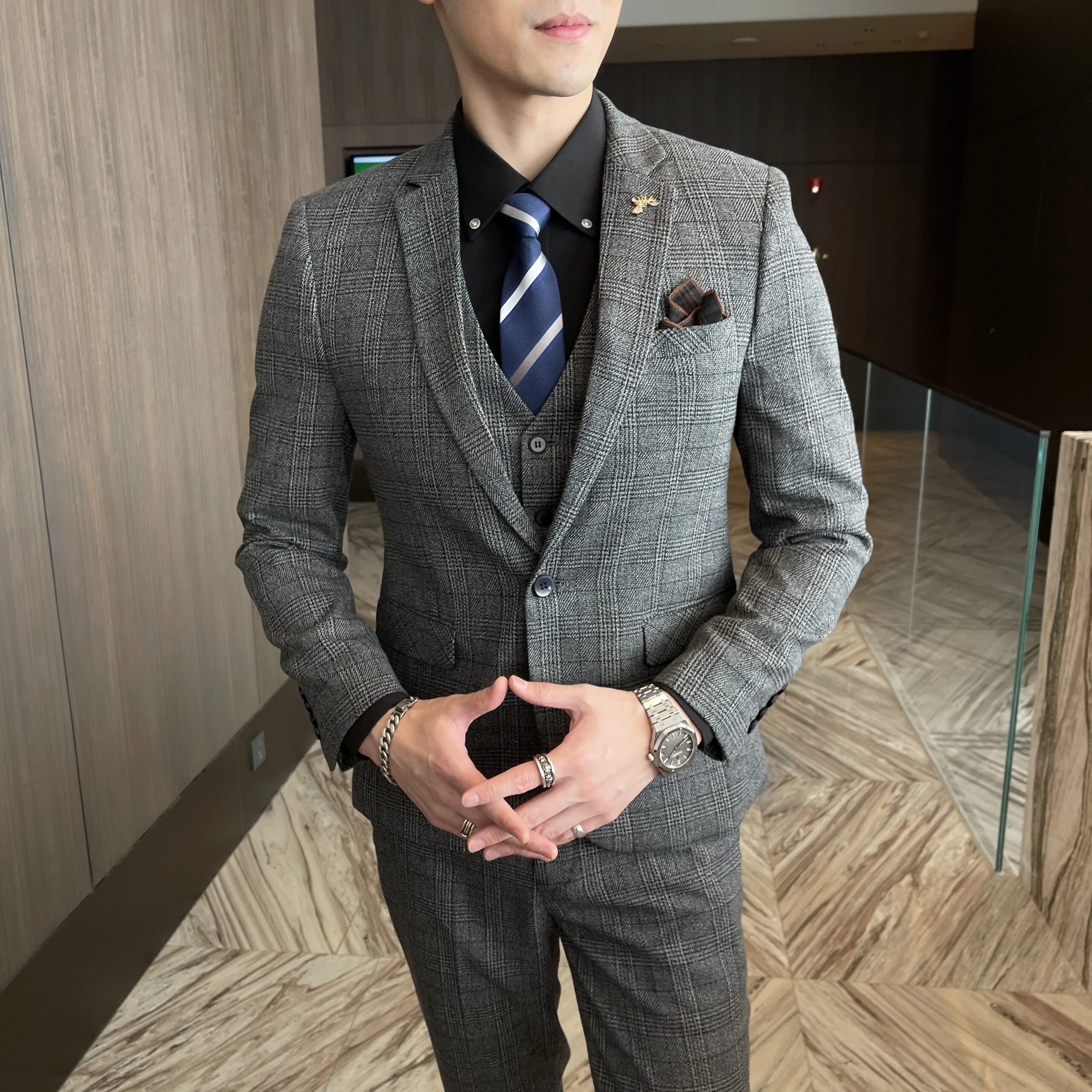 British Korean Style High Quality Modified Plaid Three-Piece Suit for Men - Stylish Business Casual Suit Vest And Trousers Set