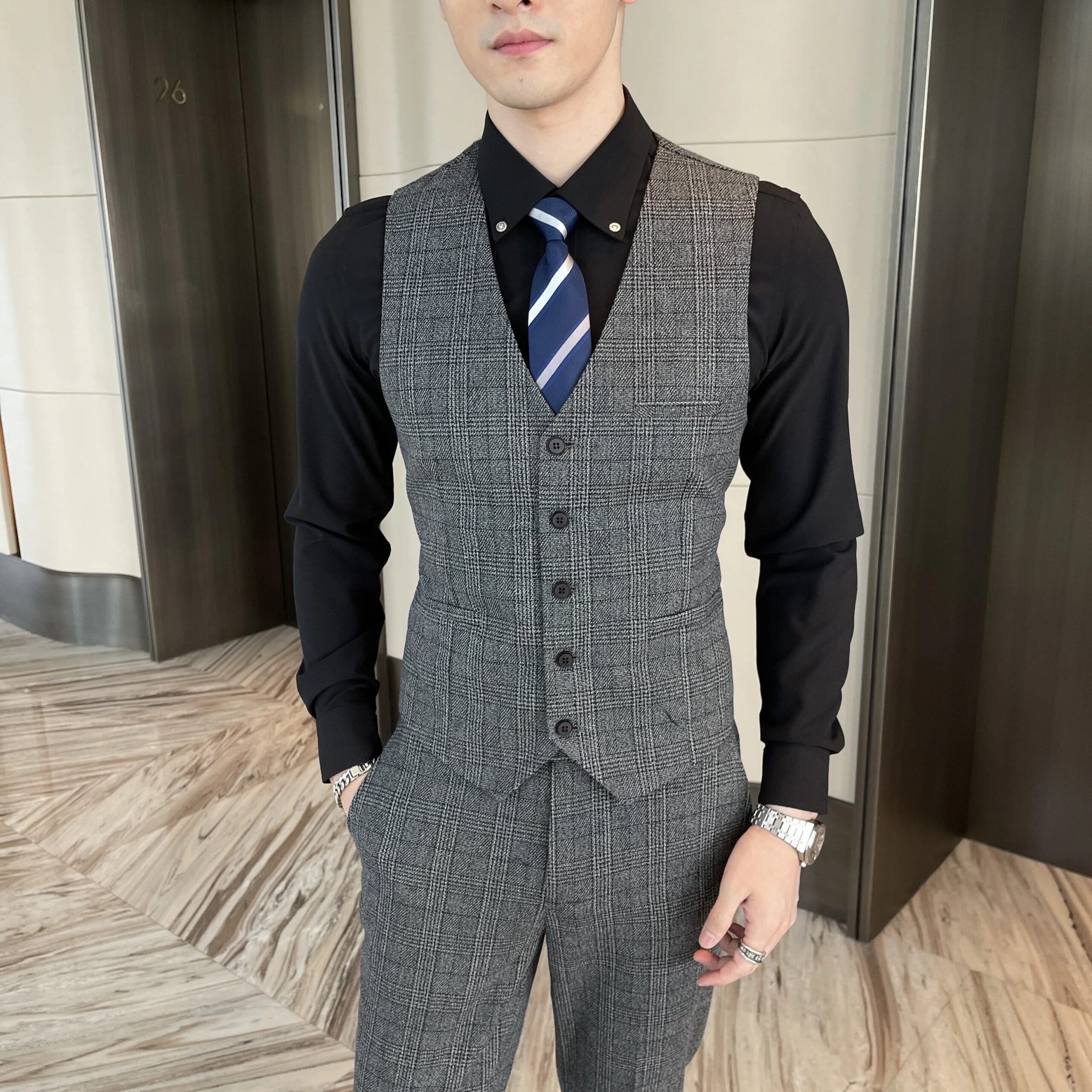 British Korean Style High Quality Modified Plaid Three-Piece Suit for Men - Stylish Business Casual Suit Vest And Trousers Set