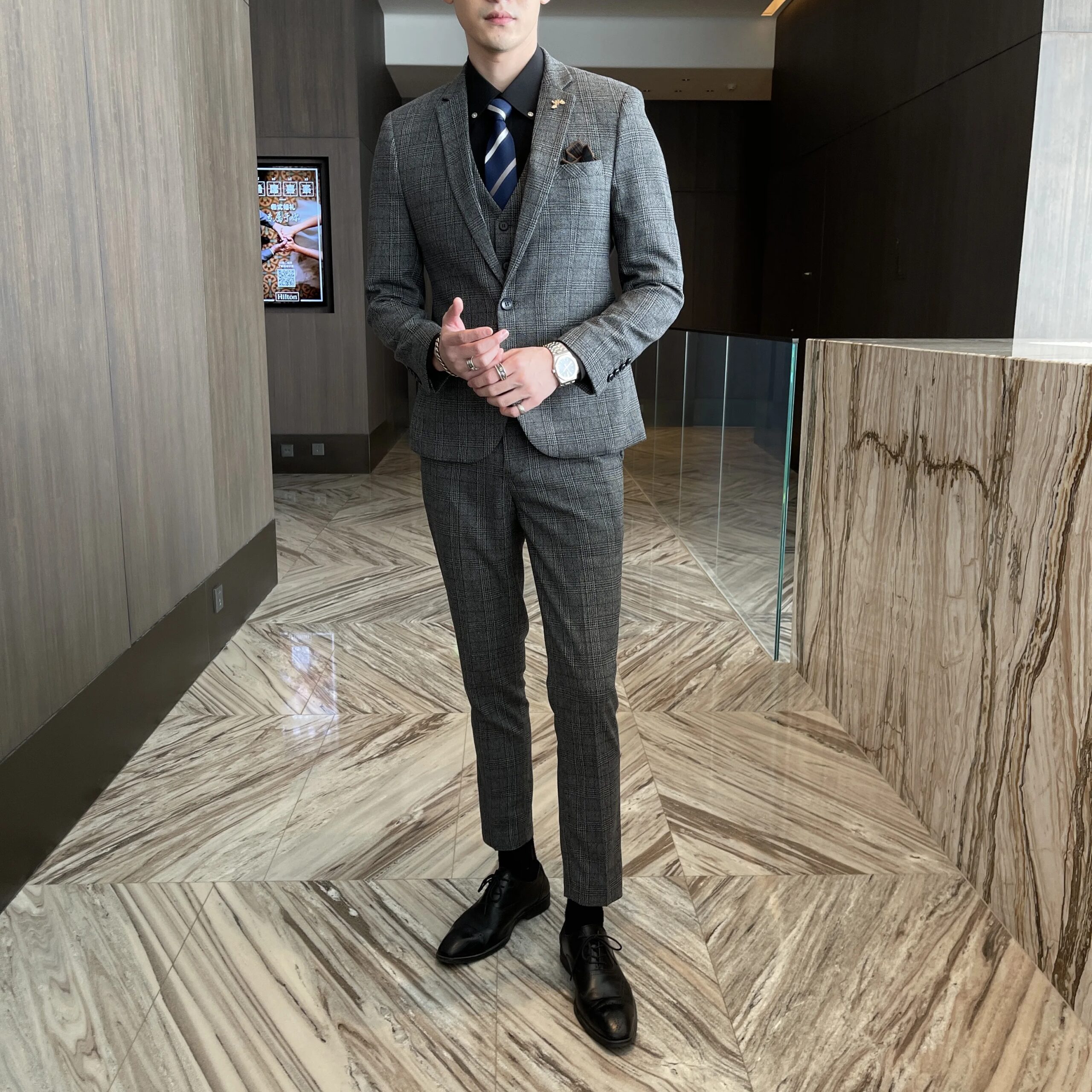 British Korean Style High Quality Modified Plaid Three-Piece Suit for Men - Stylish Business Casual Suit Vest And Trousers Set