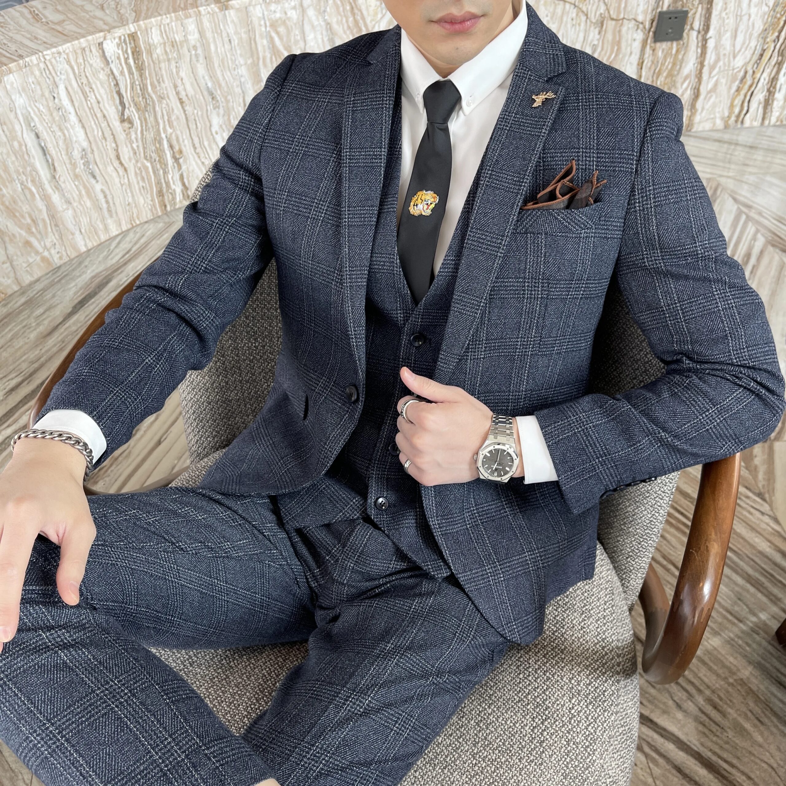 British Korean Style High Quality Modified Plaid Three-Piece Suit for Men - Stylish Business Casual Suit Vest And Trousers Set