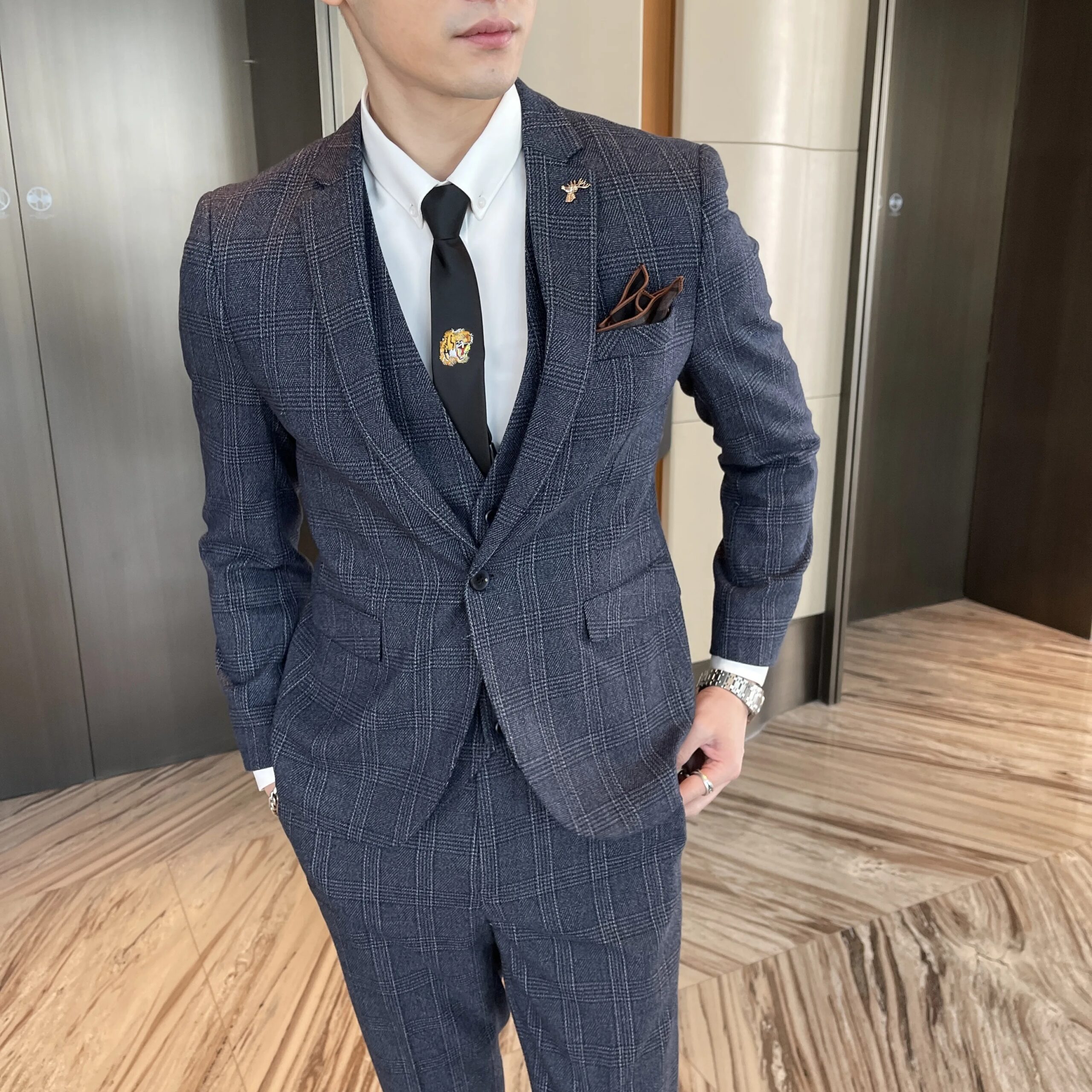 British Korean Style High Quality Modified Plaid Three-Piece Suit for Men - Stylish Business Casual Suit Vest And Trousers Set