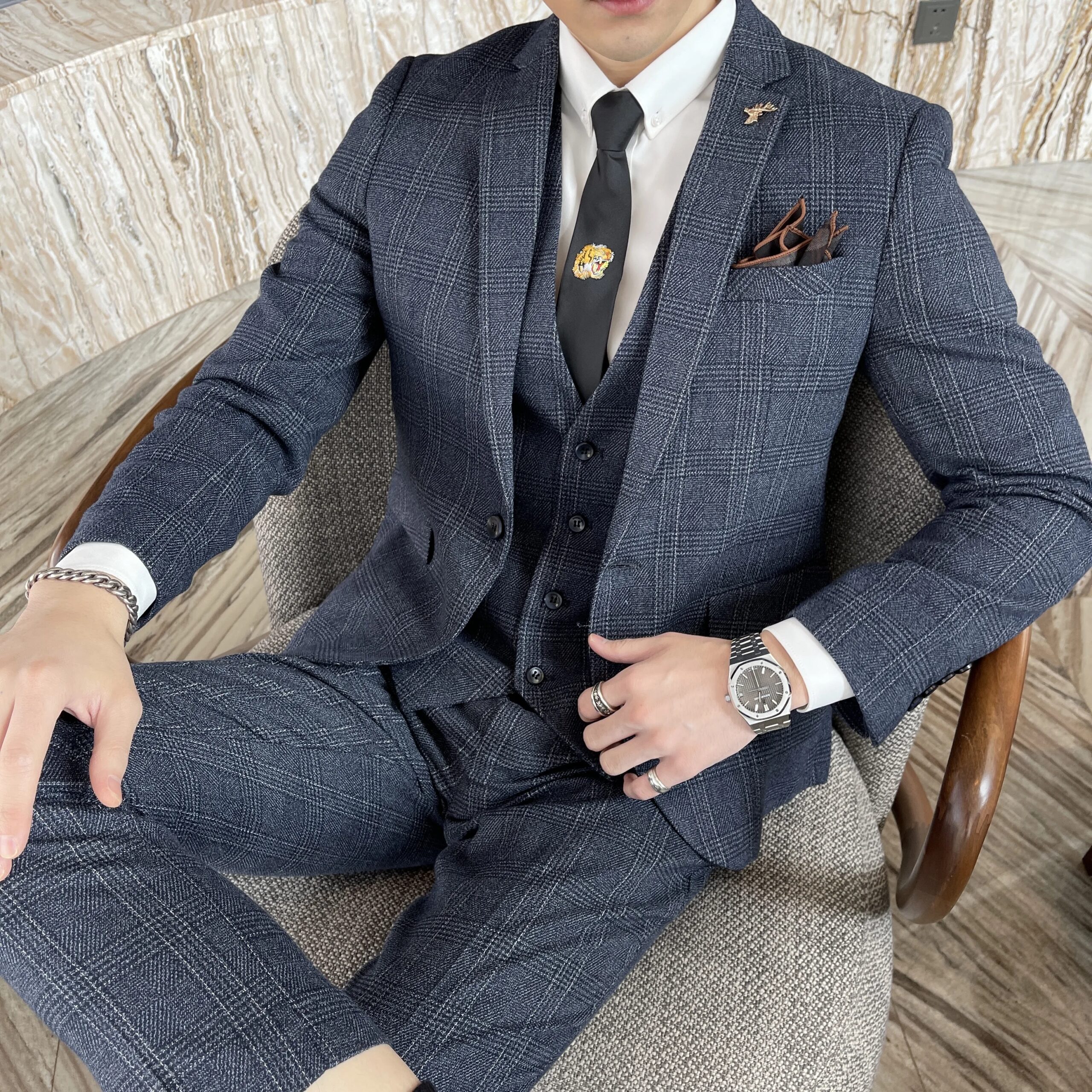 British Korean Style High Quality Modified Plaid Three-Piece Suit for Men - Stylish Business Casual Suit Vest And Trousers Set