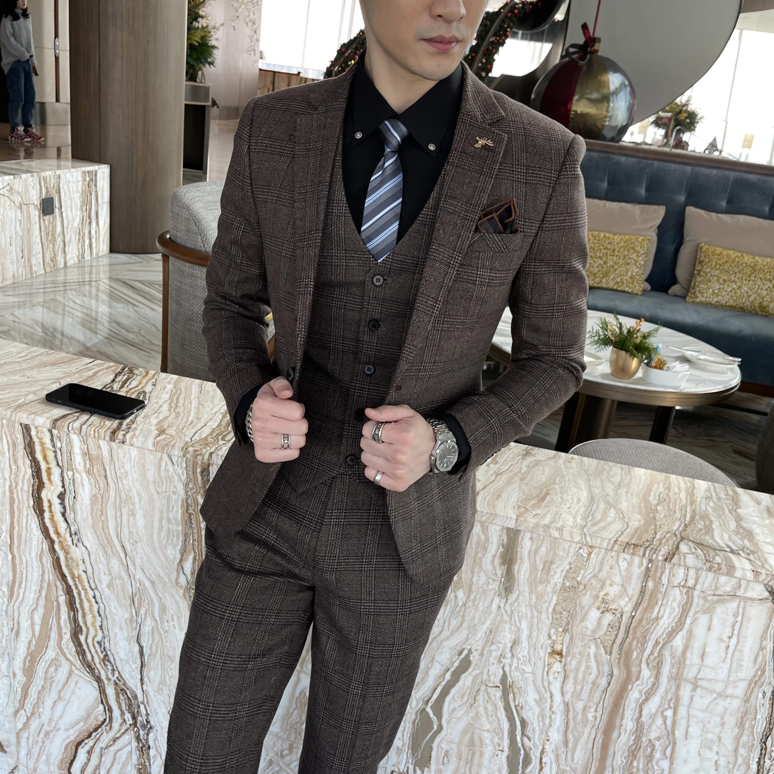 British Korean Style High Quality Modified Plaid Three-Piece Suit for Men - Stylish Business Casual Suit Vest And Trousers Set