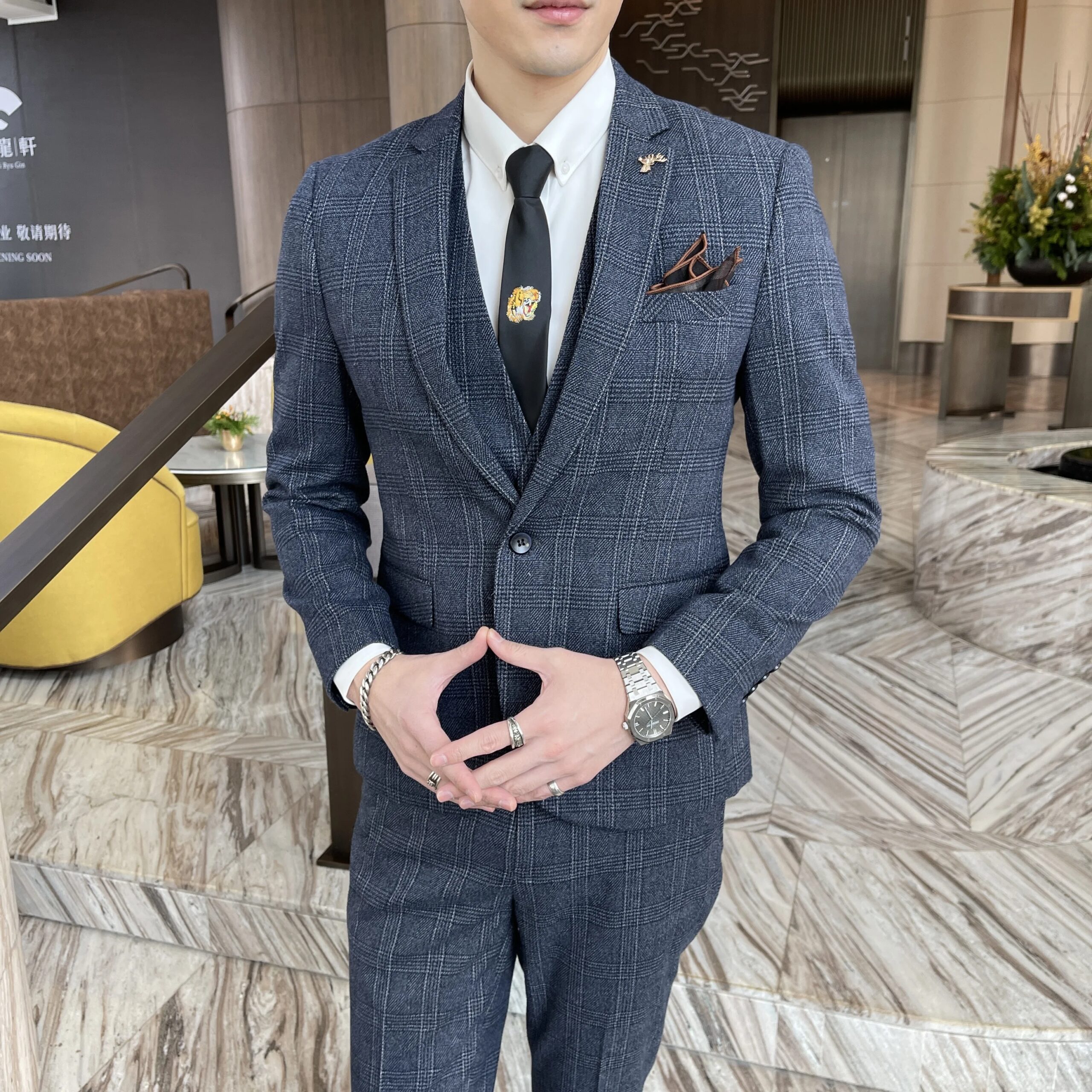 British Korean Style High Quality Modified Plaid Three-Piece Suit for Men - Stylish Business Casual Suit Vest And Trousers Set
