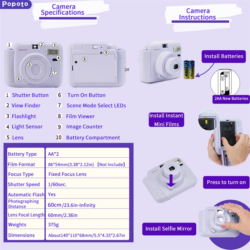 Popoto Instant Camera Portable Design Automatic Exposure Easy Use Children Birthday Gift Suitable for Beginners Instant Camera
