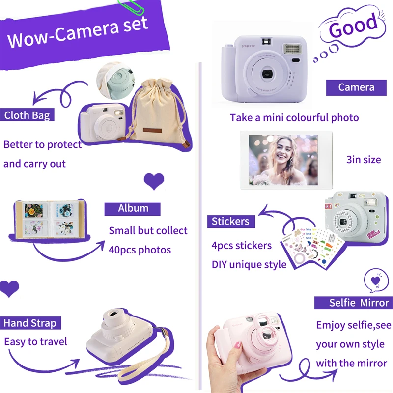 Popoto Instant Camera Portable Design Automatic Exposure Easy Use Children Birthday Gift Suitable for Beginners Instant Camera
