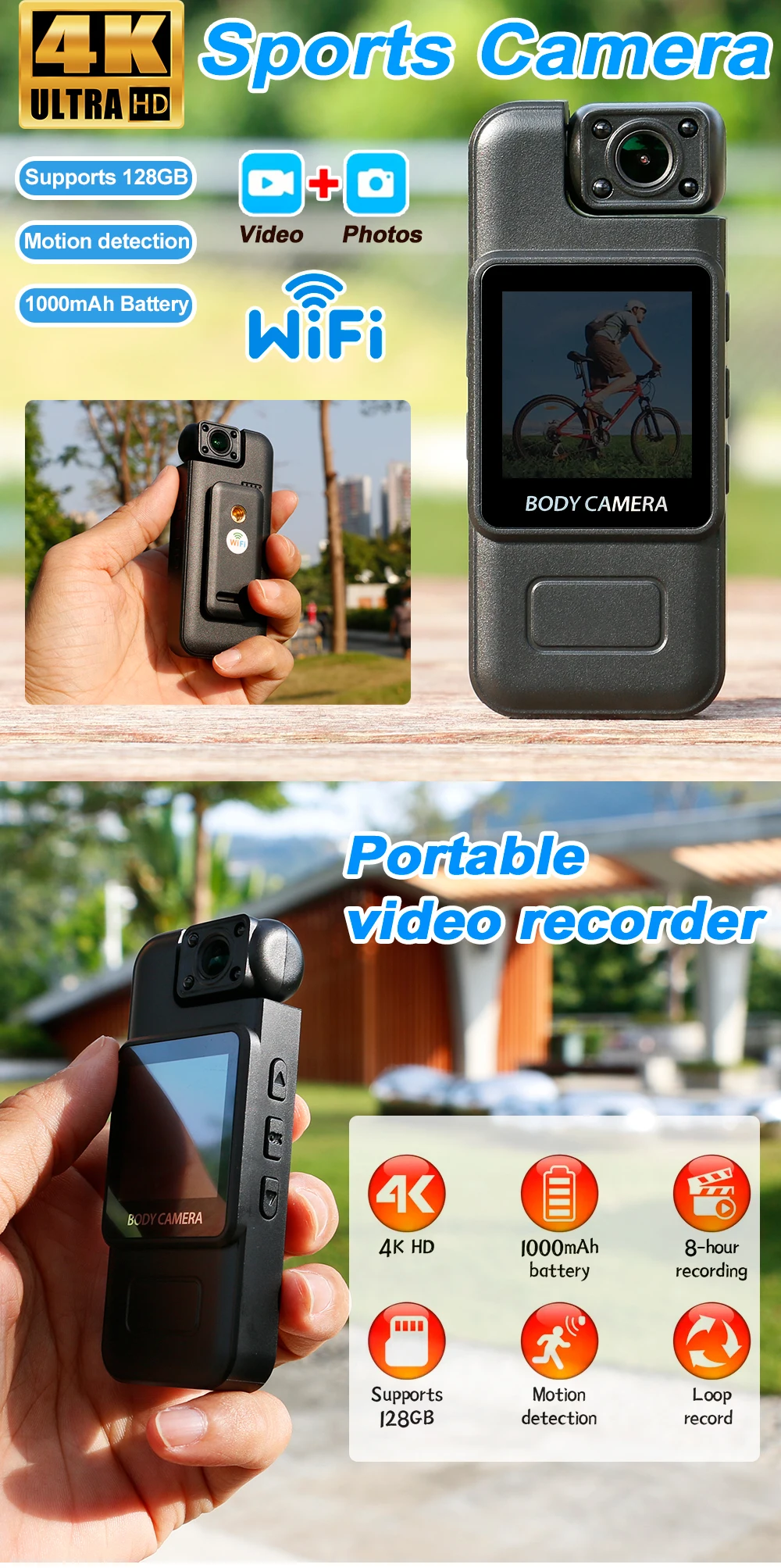 4K HD WiFi Mini Camera Portable Digital Video Recorder Color Screen Wearable Camera Night Vision Police Cam Small Bike Camcorder