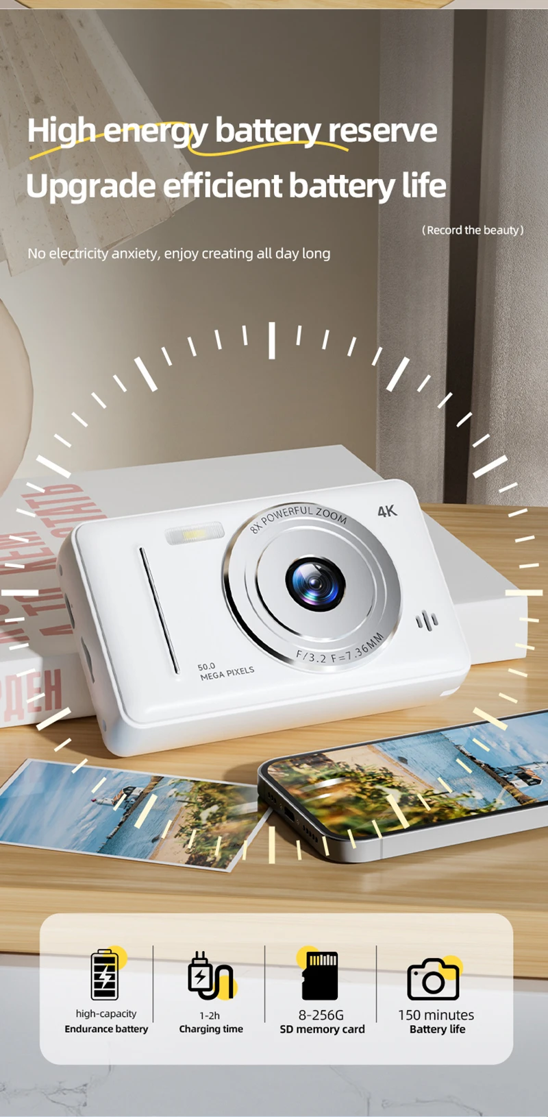 4K Retro CCD Portable Digital Camera Entry-level Camera Dual Camera Flash 50 Million Pixels Auto Focus Intelligent Anti-shakeNew