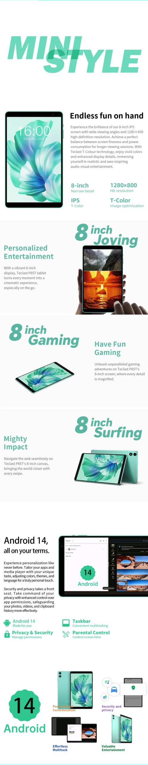 Teclast P85T 2024 Tablet (Allwinner A523 1.8GHz 8-Core/10GB (4GB+6GB)RAM/64GB ROM/8 Inch 1200*800iPS/WiFi 5/BT 5.0/5000mAh Teclast P85T 2024 Tablet (Allwinner A523 1.8GHz 8-Core/10GB (4GB+6GB)RAM/64GB ROM/8 Inch 1200*800iPS/WiFi 5/BT 5.0/5000mAh