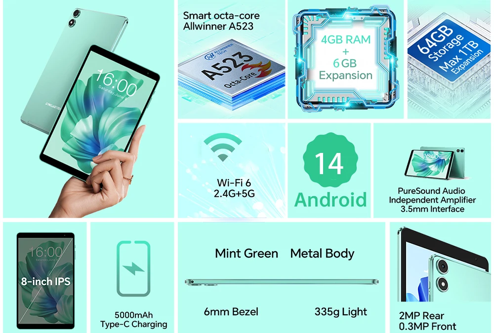 Teclast P85T 2024 Tablet (Allwinner A523 1.8GHz 8-Core/10GB (4GB+6GB)RAM/64GB ROM/8 Inch 1200*800iPS/WiFi 5/BT 5.0/5000mAh Teclast P85T 2024 Tablet (Allwinner A523 1.8GHz 8-Core/10GB (4GB+6GB)RAM/64GB ROM/8 Inch 1200*800iPS/WiFi 5/BT 5.0/5000mAh