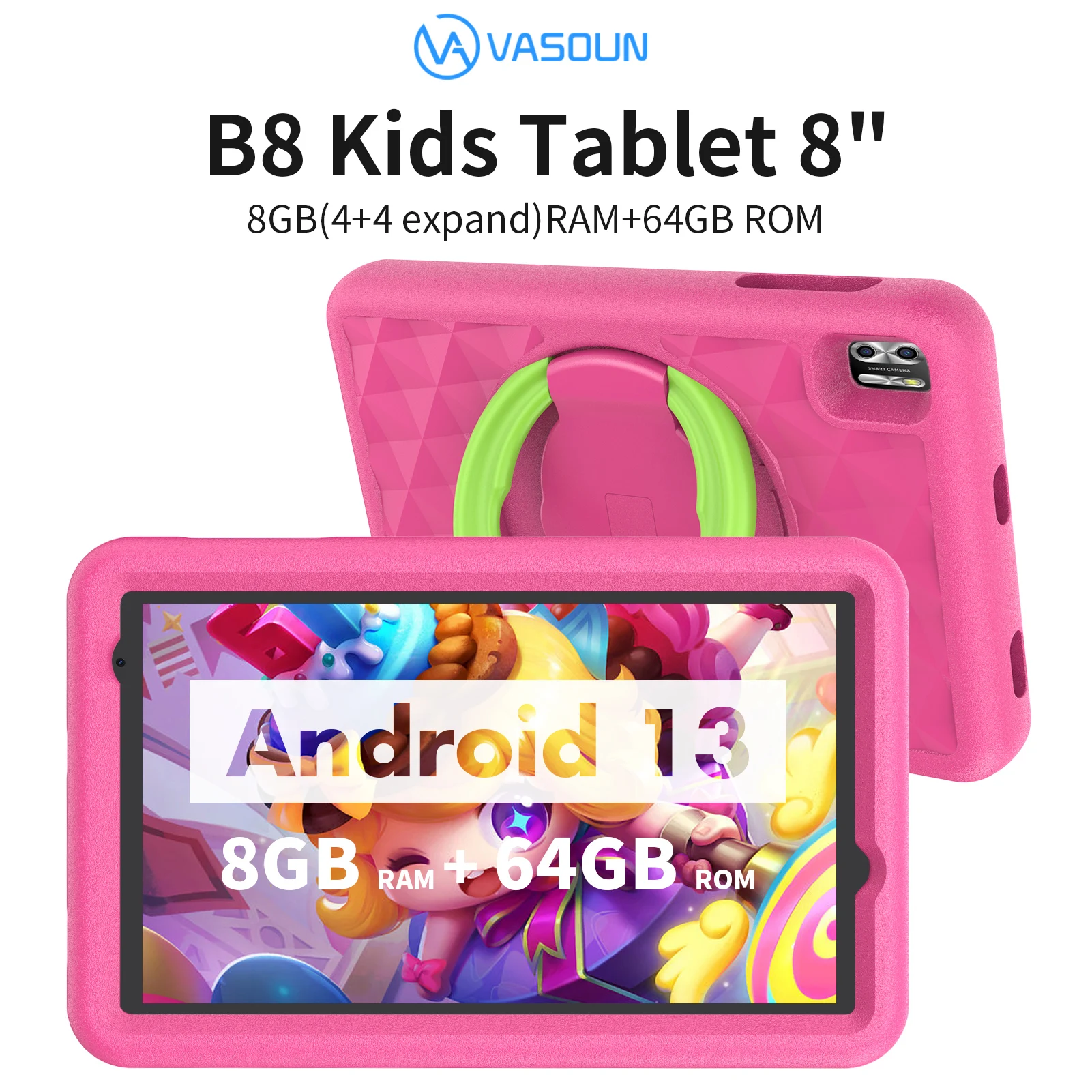 VASOUN Kids Tablet 8 Inch, Android 13 Quad Core, 8GB(4+4expand)RAM+64GB ROM, 5000mAh, Dual Camera, WiFi, Parental Control