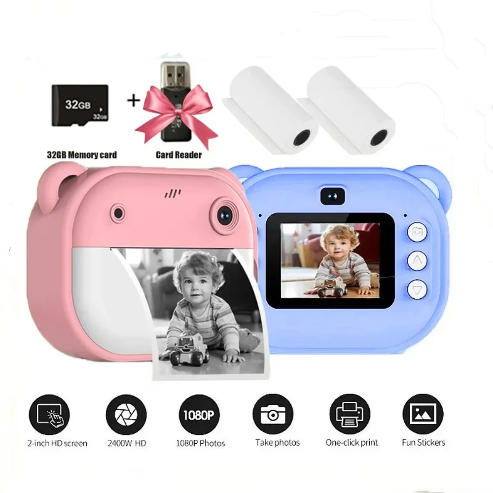 Children Kids Camera Instant Print Mini Digital Video Camera for Kids 1080P Screen Toy Print Thermal Paper +32G Memory Card