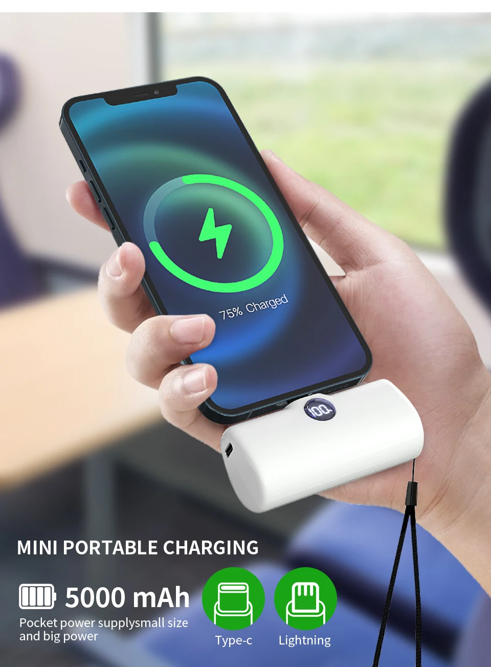 Portable Charger Fast Charge Type C External Battery for iPhone Samsung Xiaomi Built-in Cable Quick Charge Pocket Power Bank