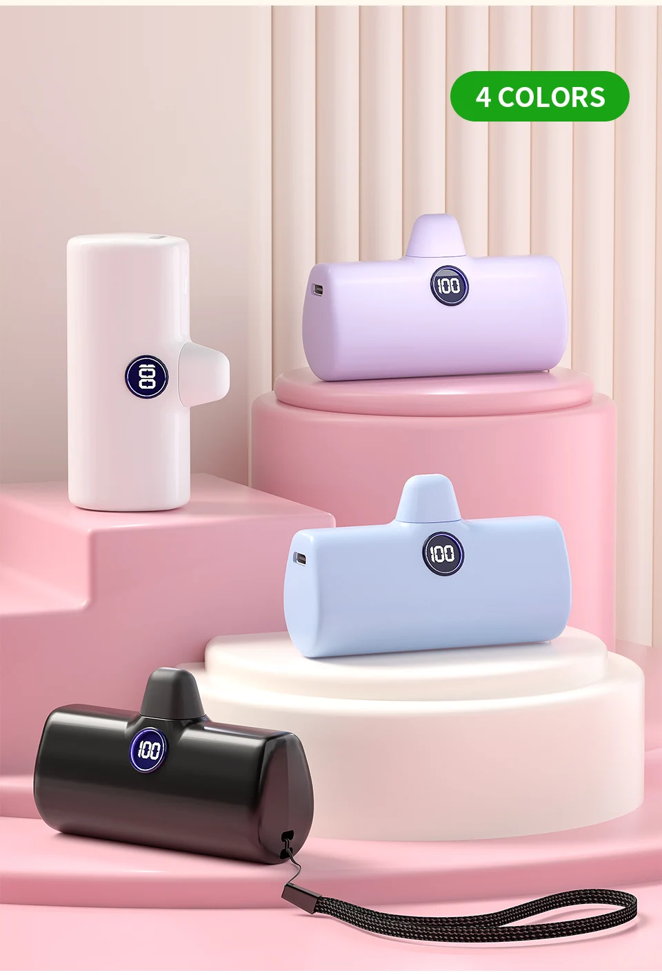 Portable Charger Fast Charge Type C External Battery for iPhone Samsung Xiaomi Built-in Cable Quick Charge Pocket Power Bank