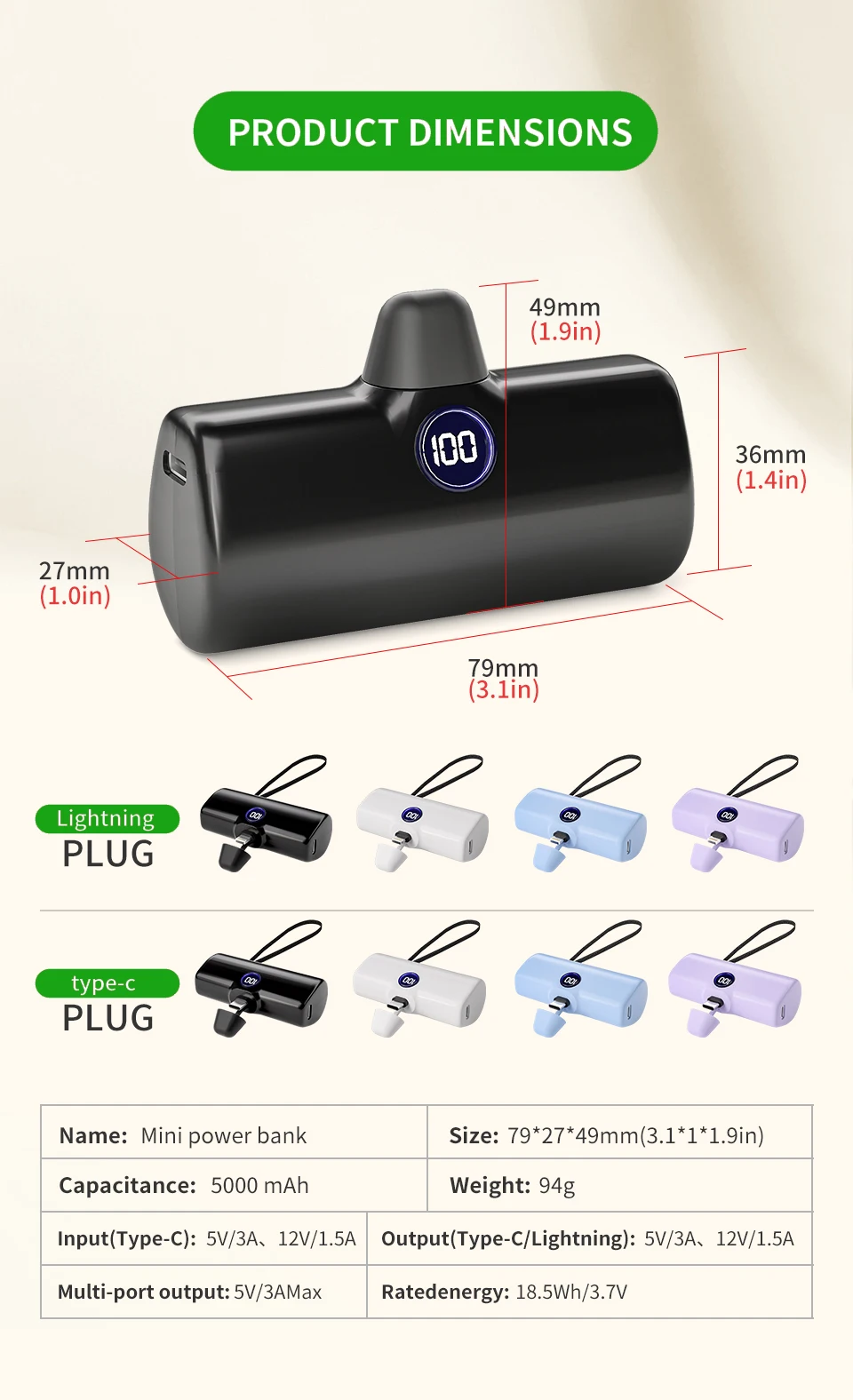 Portable Charger Fast Charge Type C External Battery for iPhone Samsung Xiaomi Built-in Cable Quick Charge Pocket Power Bank