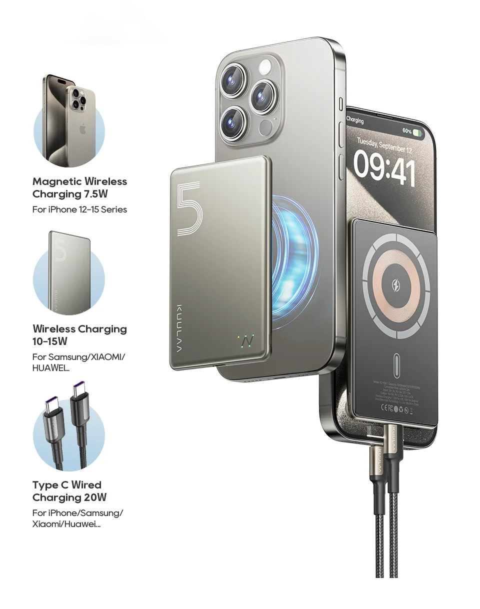 KUULAA Magsafe Power Bank 5000mAh Magnetic Wireless Phone Charger External Battery 20W Fast Charging For iPhone 16 15 PowerBank