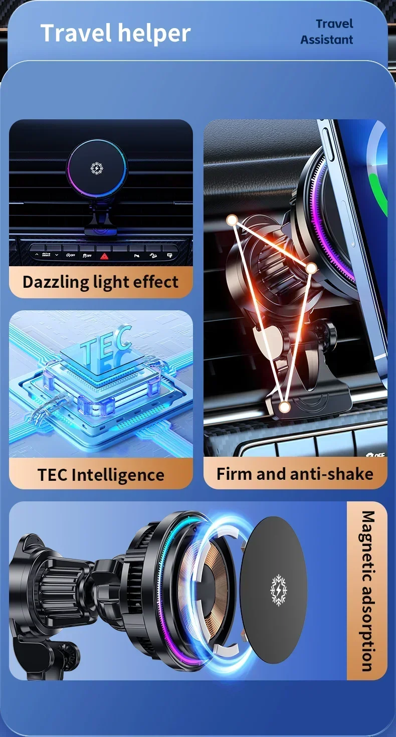 Ice Cooling Magnetic Wireless Car Charger Fast Charging Station for iPhone 16 15 14 13 12 Pro Max MacSafe Car Phone Holder Stand