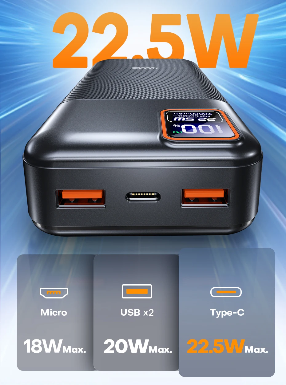 Tuodes Power Bank 20000mAh PD20W External Large Battery Capacity 22.5W Fast Charging Portable Charger For iPhone Samsung Xiaomi