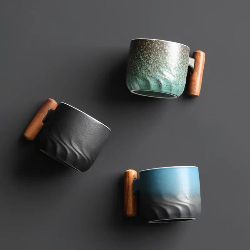 80ml Ceramic Retro Coffee Cup Office Water Cup Filter Tea Mug Wooden Handle Coffee Mug Handmade Tea Coffee Cup Birthday Gift