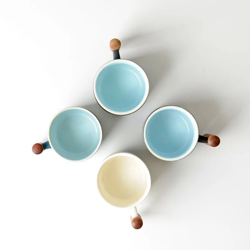 80ml Ceramic Retro Coffee Cup Office Water Cup Filter Tea Mug Wooden Handle Coffee Mug Handmade Tea Coffee Cup Birthday Gift