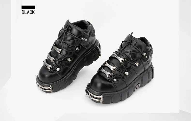 2025 NEW Punk Style Women Shoes Lace-up heel height 6CM Platform Shoes Woman Gothic Ankle Rock Boots Metal Decor Woman Sneakers