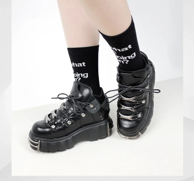 2025 NEW Punk Style Women Shoes Lace-up heel height 6CM Platform Shoes Woman Gothic Ankle Rock Boots Metal Decor Woman Sneakers