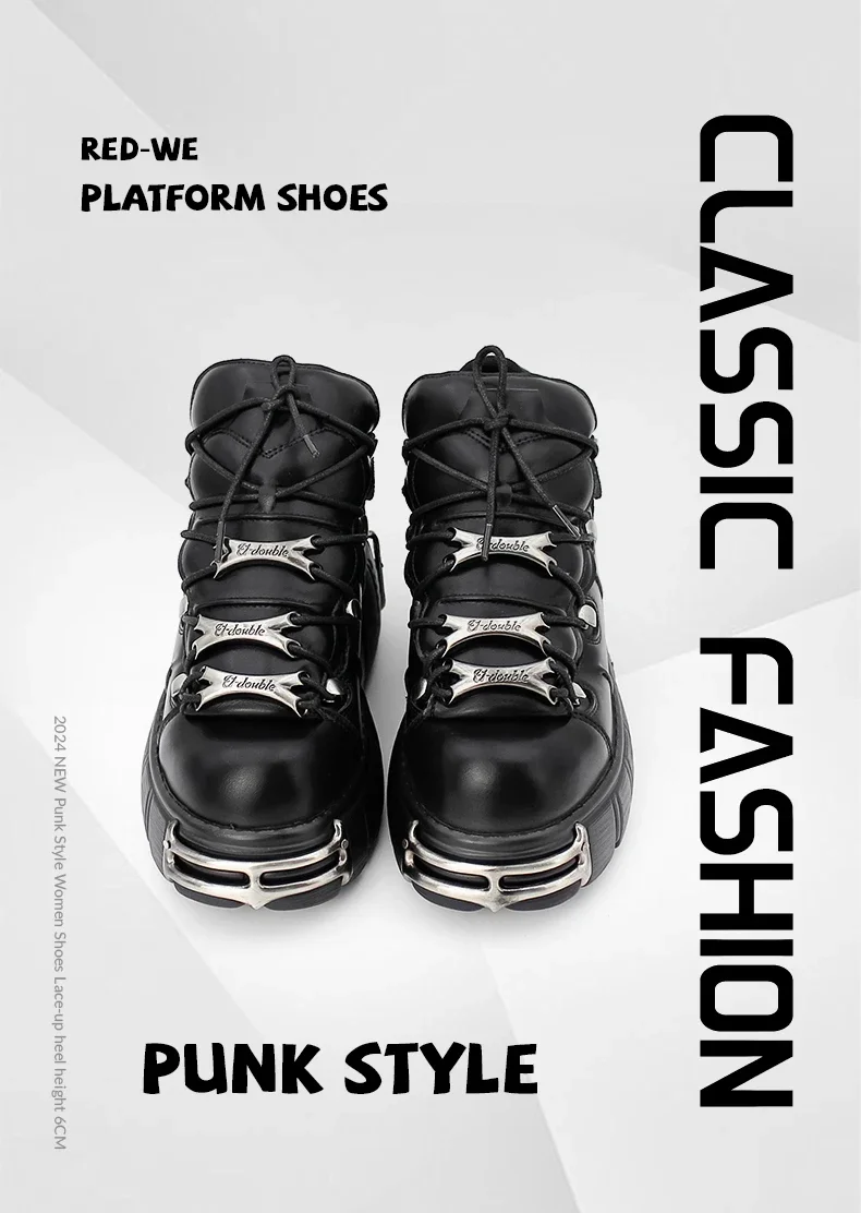 2025 NEW Punk Style Women Shoes Lace-up heel height 6CM Platform Shoes Woman Gothic Ankle Rock Boots Metal Decor Woman Sneakers