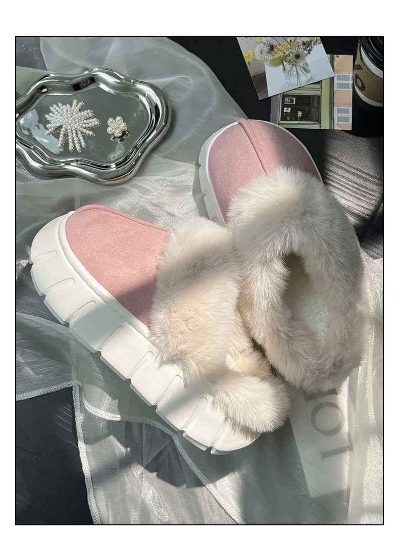 New Women Indoor Fluffy Slippers Thick Sole Winter Warm Shoes For Couples Soft Fur Keep Warm Female Male House Floor Slipper