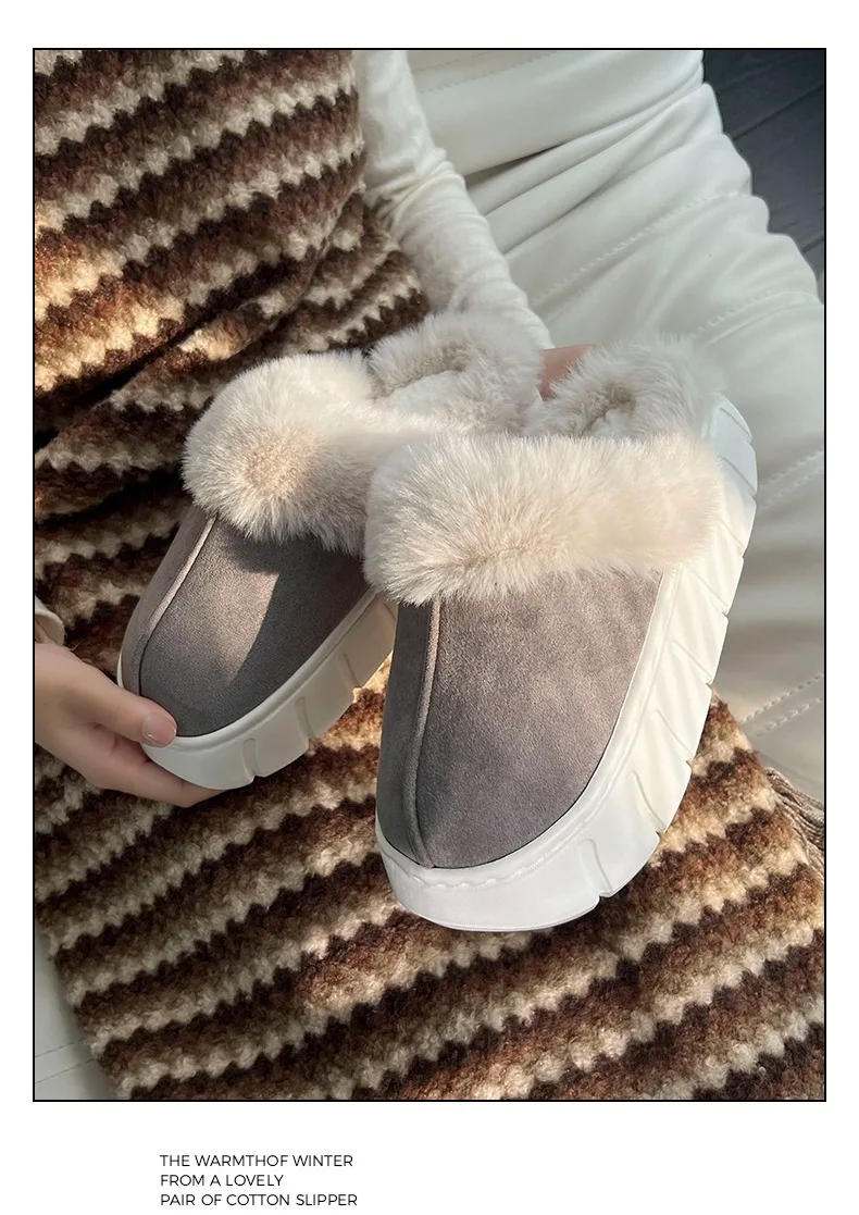 New Women Indoor Fluffy Slippers Thick Sole Winter Warm Shoes For Couples Soft Fur Keep Warm Female Male House Floor Slipper
