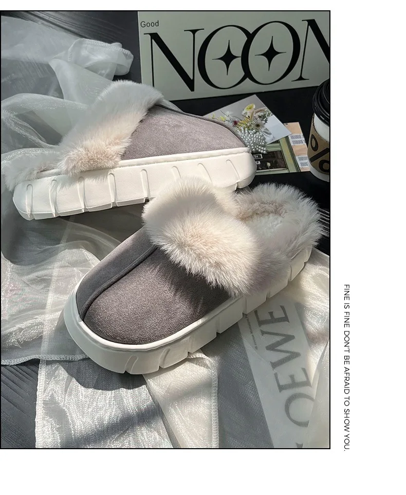 New Women Indoor Fluffy Slippers Thick Sole Winter Warm Shoes For Couples Soft Fur Keep Warm Female Male House Floor Slipper