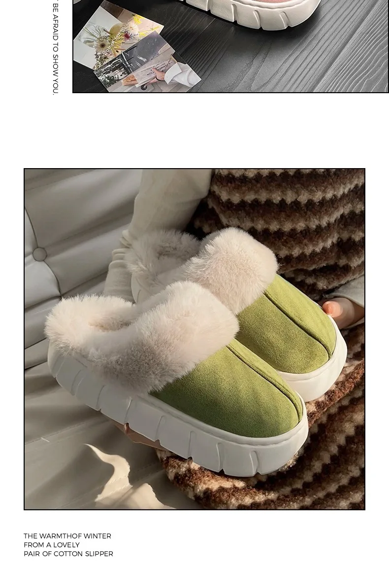 New Women Indoor Fluffy Slippers Thick Sole Winter Warm Shoes For Couples Soft Fur Keep Warm Female Male House Floor Slipper