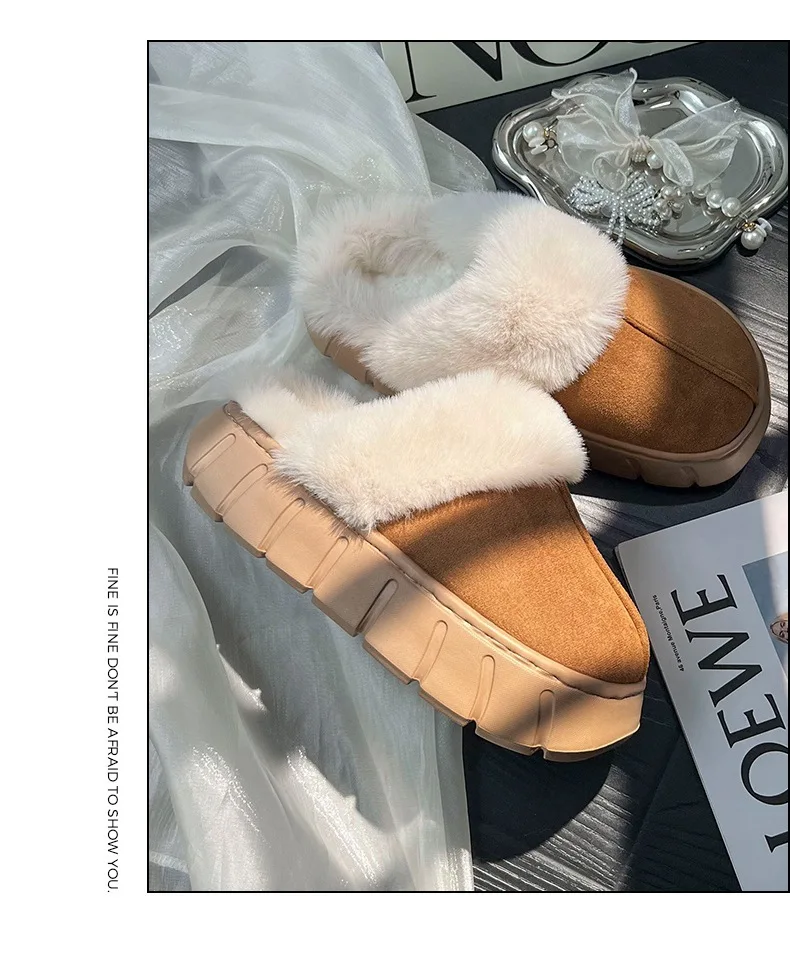 New Women Indoor Fluffy Slippers Thick Sole Winter Warm Shoes For Couples Soft Fur Keep Warm Female Male House Floor Slipper
