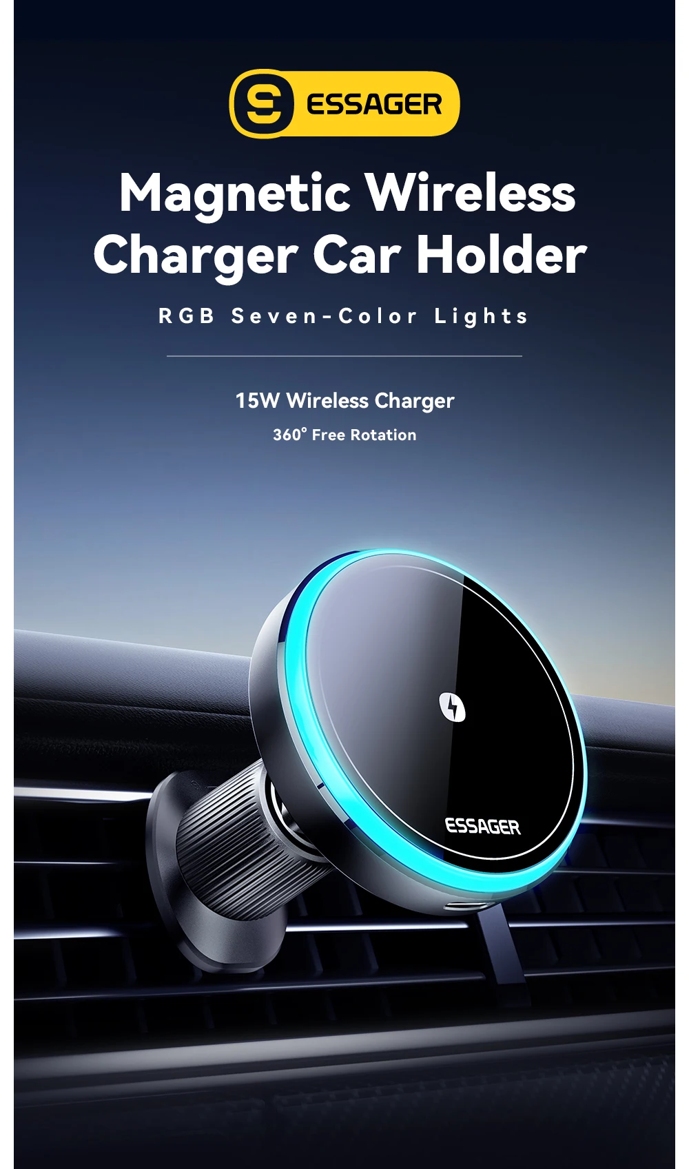 Essager Magnetic Car Phone Holder 15W Wireless Charger Stand For iPhone 15 14 13 Pro Max Car Mount Charger for Magsafe LED Light