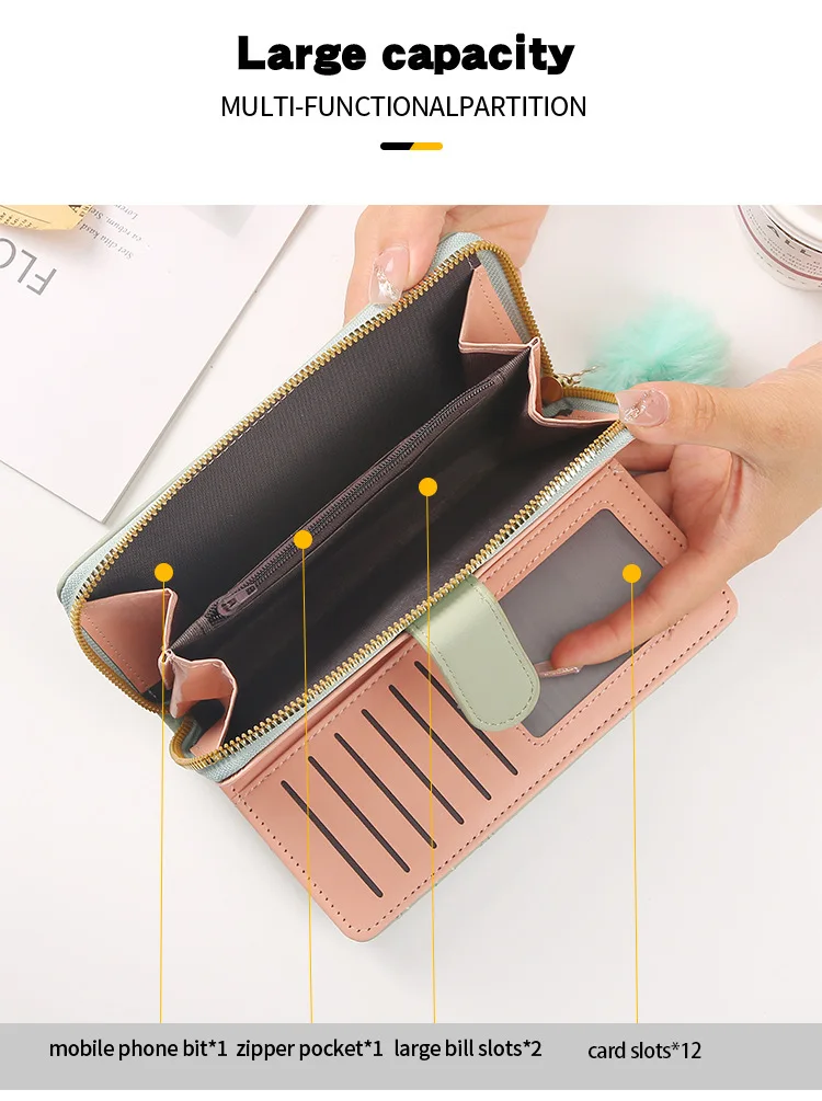 Women Long Wallet Pu Leather Card Holder Large Capacity Hasp Zipper Coin Purse Multi Card Organizer Cell Phone Wristlet Handbag
