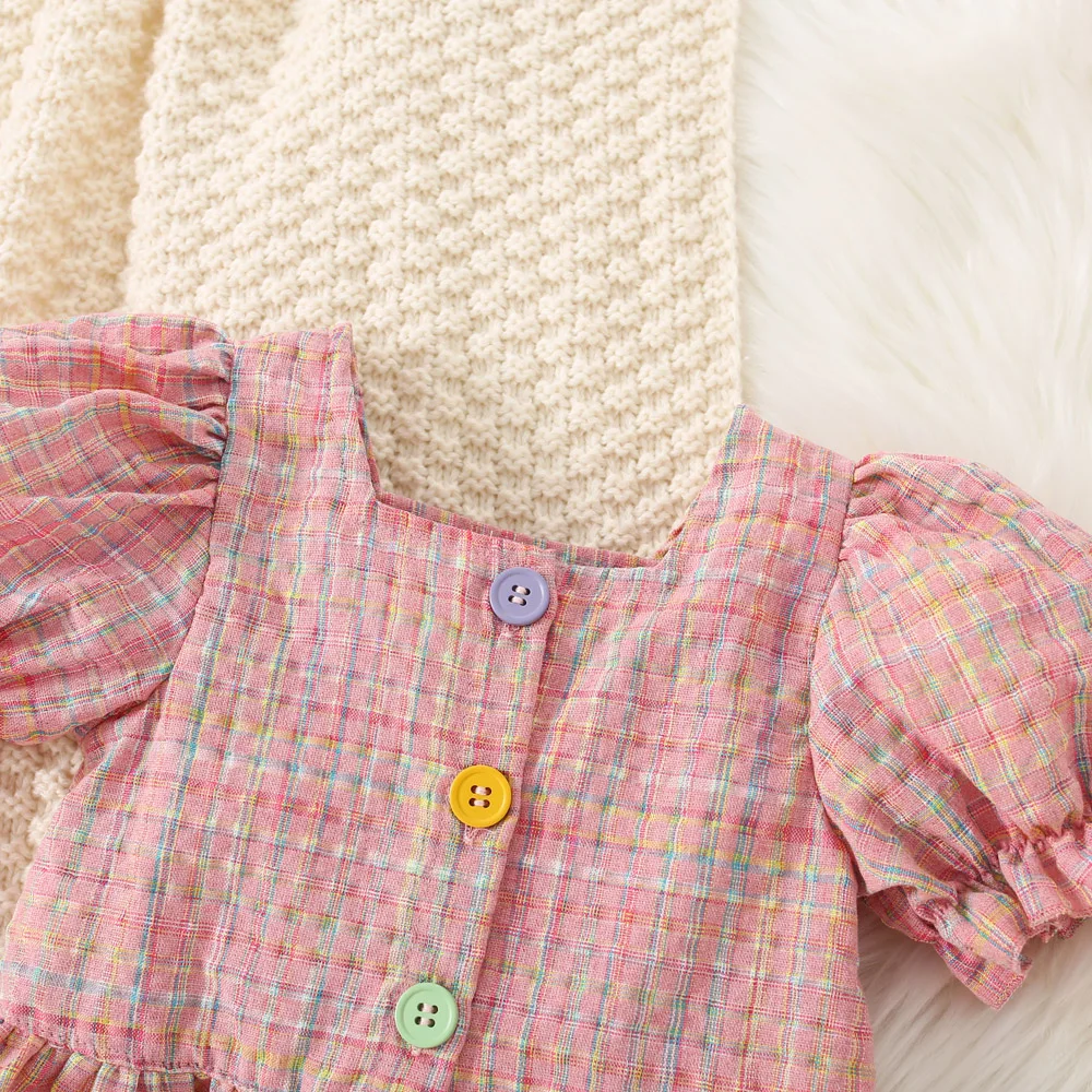(0-3 Years Old) Summer Baby Girl Cotton Color Plaid Bubble Sleeve Top And Shorts Set Cute Princess Style Two-Piece Set For Girls