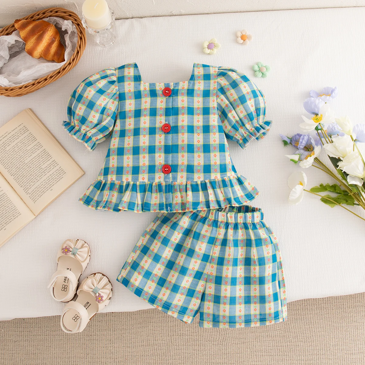 (0-3 Years Old) Summer Baby Girl Cotton Color Plaid Bubble Sleeve Top And Shorts Set Cute Princess Style Two-Piece Set For Girls