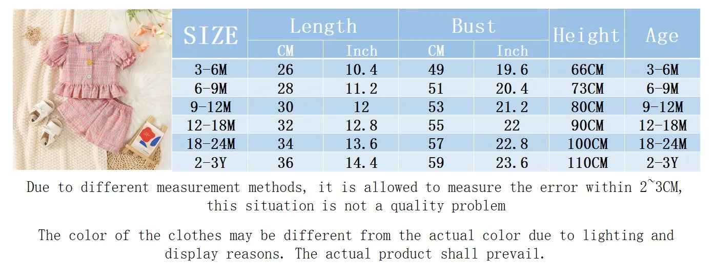 (0-3 Years Old) Summer Baby Girl Cotton Color Plaid Bubble Sleeve Top And Shorts Set Cute Princess Style Two-Piece Set For Girls