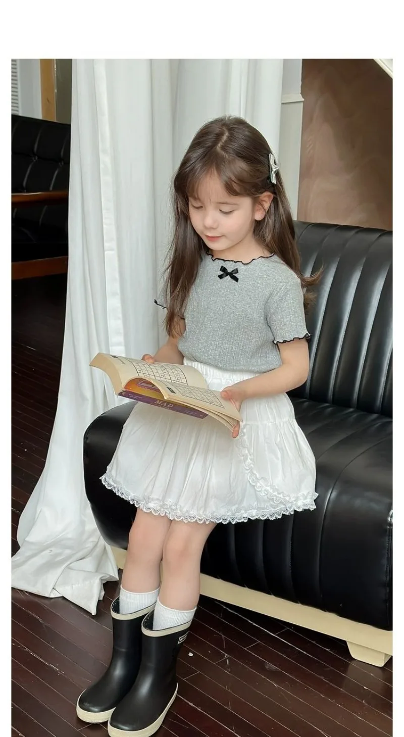 1-12Y Girl's Shirts Korean-style Knitted Lace-Trimmed Short-Sleeve Summer Ruched Tops Trendy Breathable Bow Tie Versatile Tee
