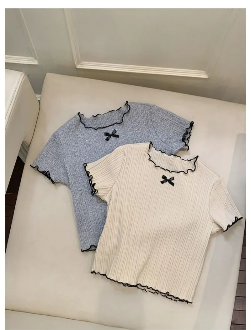 1-12Y Girl's Shirts Korean-style Knitted Lace-Trimmed Short-Sleeve Summer Ruched Tops Trendy Breathable Bow Tie Versatile Tee