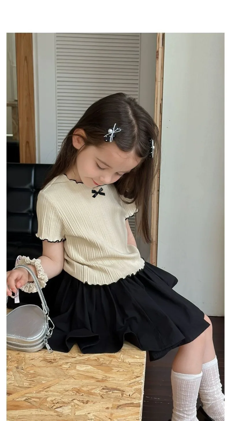 1-12Y Girl's Shirts Korean-style Knitted Lace-Trimmed Short-Sleeve Summer Ruched Tops Trendy Breathable Bow Tie Versatile Tee