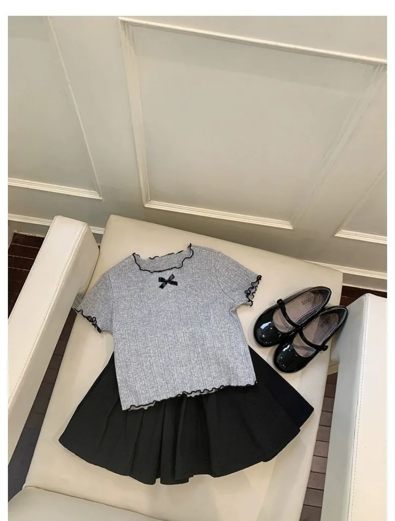 1-12Y Girl's Shirts Korean-style Knitted Lace-Trimmed Short-Sleeve Summer Ruched Tops Trendy Breathable Bow Tie Versatile Tee