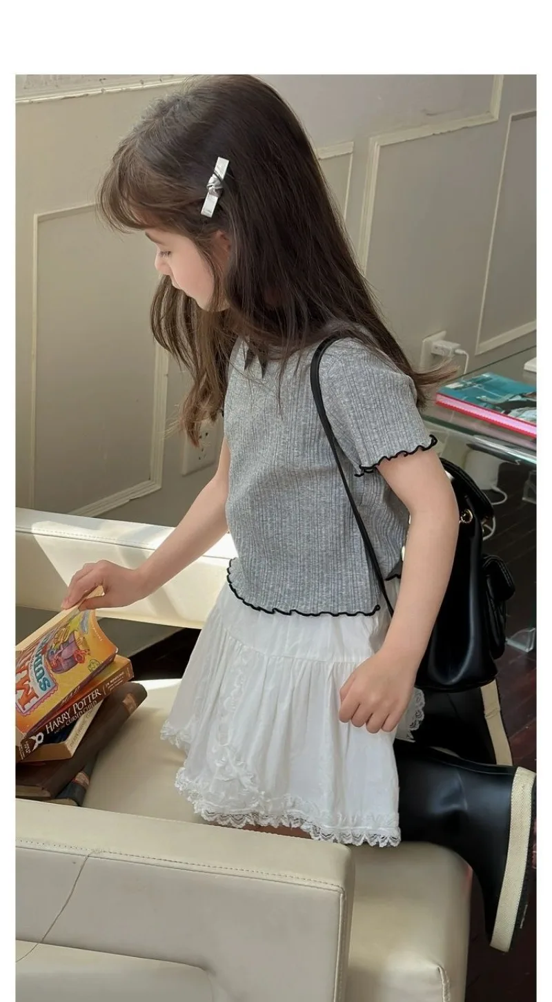 1-12Y Girl's Shirts Korean-style Knitted Lace-Trimmed Short-Sleeve Summer Ruched Tops Trendy Breathable Bow Tie Versatile Tee